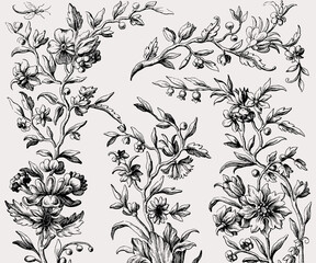 Vintage Black and White Floral Botanical Seamless Pattern Illustration