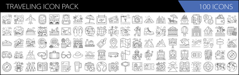 one hundred Adventure & Tourism Line Icons for Wanderlust Creators, Traveling Icon Pack