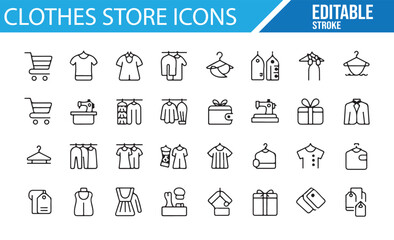 Editable vector icons for retail shops, fashion boutiques, and apparel stores.

