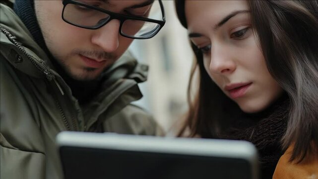 Man and woman examining a digital device, possibly an e-reader or tablet, in a city setting with buildings in the background.
