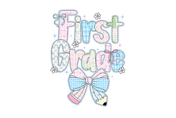 Cute first grade text design with floral patterns and bows