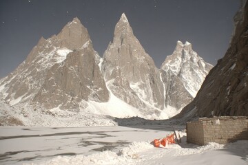 Snowy mountain peaks overlooking a frozen lake