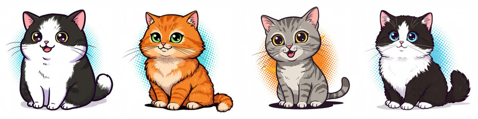 Cute cartoon cats sitting together with bright expressions  