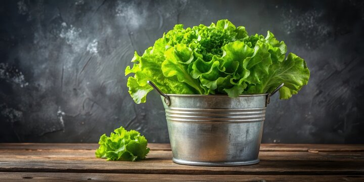 Fresh green lettuce arranged in a rustic metal bucket with wooden handles and a distressed finish