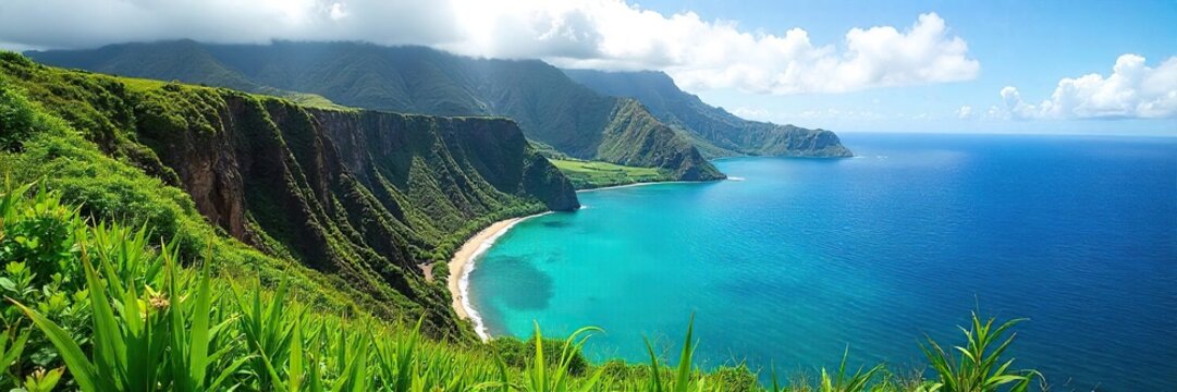 Breathtaking Kauai Cliffs and Turquoise Bay Lush Green Hawaiian Landscape - Powered by Adobe