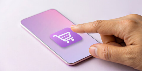Hand tapping a shopping cart icon on a smartphone screen.