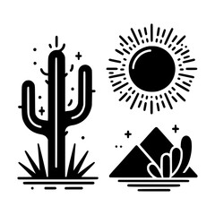 Fototapeta premium Stylized black and white desert landscape with cactus sun and pyramid icons