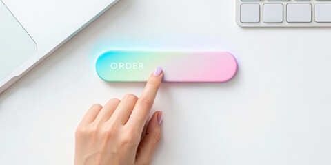 Modern hand pressing an order button on a sleek interface.
