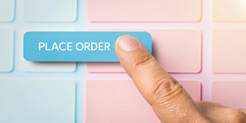 Finger pressing a button labeled "PLACE ORDER" on a digital interface.