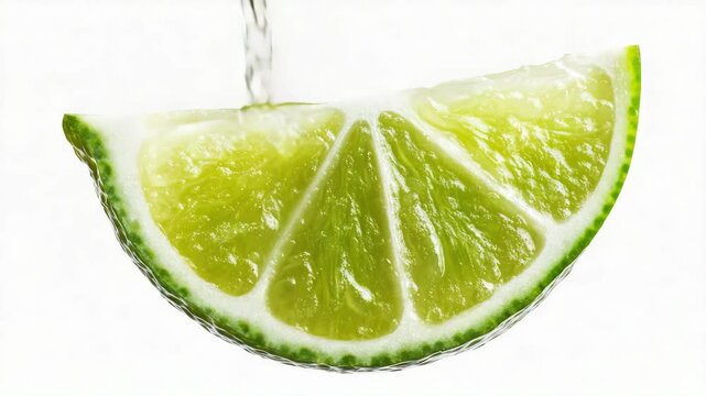 A lime is cut in half and the inside is shown. The lime is green and has a white stem
