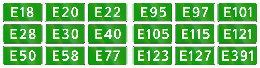 Collection of road shields of European Roads, used in Russia