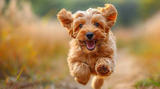 A lively image of a cocker spaniel running through a field, its fur flowing and joyous expression captured in a dynamic, natural setting.