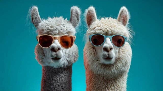 Cool llamas wearing sunglasses against a vibrant background