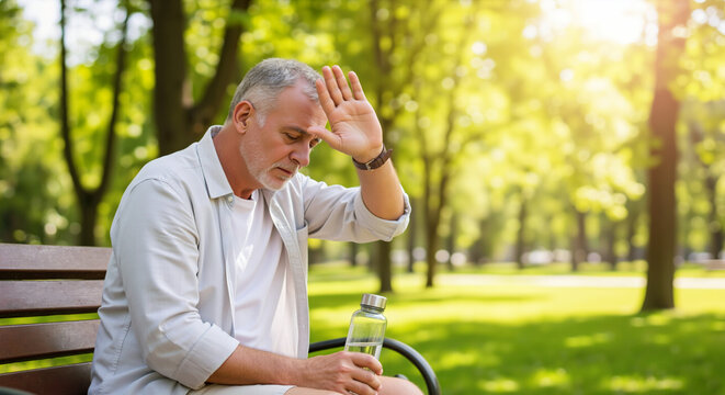 Senior man suffering from heat exhaustion on a park bench, holding a water bottle. Feeling dizzy and tired on a hot summer day. Health risks for the elderly, banner with copy space.