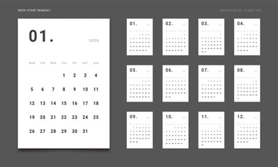 2026 Calendar Planner Set of new Template 12 Monthly Page for Corporate or Personal use. Vector vertical minimal layout of wall or desk organizer with week start Monday for print. Page size A4-21x29.7