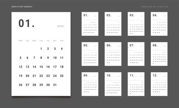 2026 Calendar Planner Set of new Template 12 Monthly Page for Corporate or Personal use. Vector vertical minimal layout of wall or desk organizer with week start Monday for print. Page size A4-21x29.7