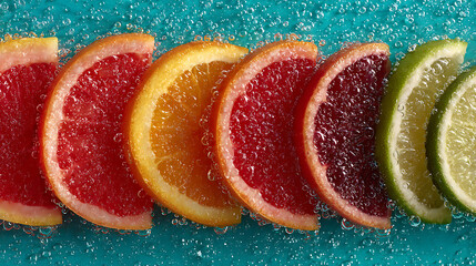 Assortment of citrus slices floating in refreshing bubbling water silhouette