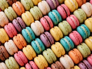 A high-resolution photograph showing an overhead view of colorful macarons arranged neatly in rows, highlighting their pastel colors and delicate textures. Perfect for food, dessert, bakery