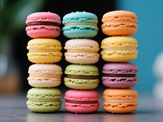 A visually appealing image of colorful French macarons stacked in neat columns against a soft blue background. The vibrant pastel colors and detailed textures of these sweet desserts make this photo