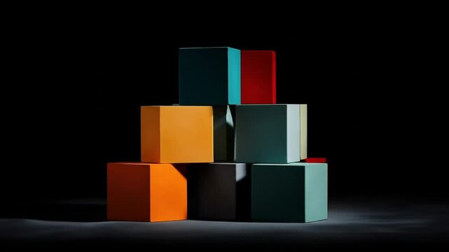 Stacked colorful cubes in pyramid shape, against dark background.  Light emphasizes form and color