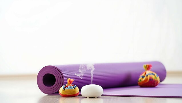 Relaxing yoga session with a purple mat aromatherapy diffuser and decorative incense holders