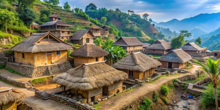 Traditional Nagaland village with stone houses and thatched roofs in Kohima