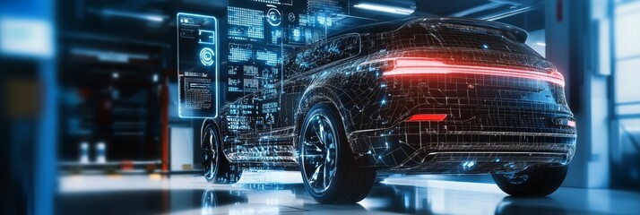 Futuristic Electric Vehicle Garage Featuring Holographic Technology and Advanced Automotive Displays