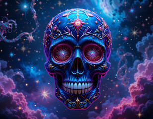 Ornate celestial skull with cosmic background stars