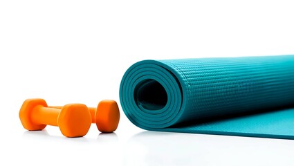 Turquoise yoga mat unrolled next to two bright orange dumbbells on a white background