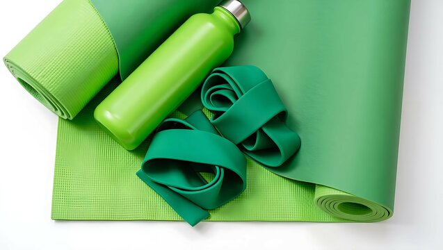 Green fitness equipment including a rolled yoga mat resistance bands and a water bottle on a white background