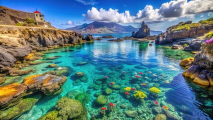 Turquoise waters meet limestone cliffs at Tenerife's south coast with sea anemones and colourful fish in rock pools under blue summer sky, rocky shores, island of tenerife © chokdeelaw