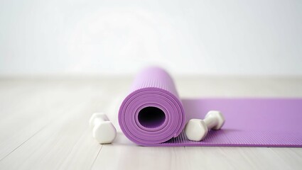 Purple yoga mat unrolled with two white dumbbells on a light wooden floor in a bright room