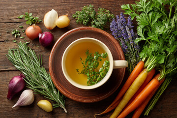 Vegetable broth in a rustic bowl surrounded by fresh vegetables and aromatic herbs on a wooden table