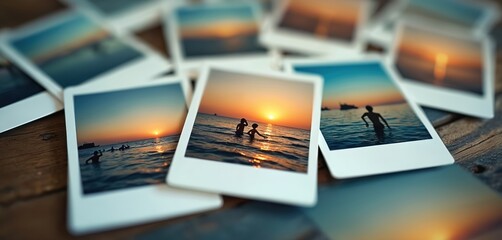 Collection photos sunset at the beach. People enjoy summer vacation in ocean. Retro style vintage vacation memories, travel blog content, scrapbooking, family leisure, holidays.