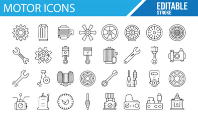 Set of motor and mechanical engineering icons, including tools, gears, and components.