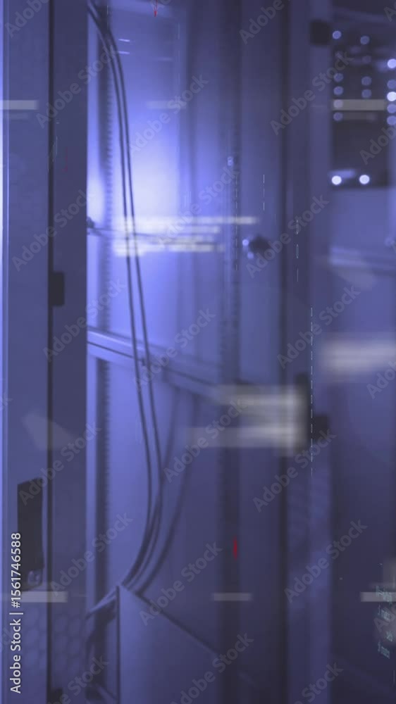 Poster animation of programming language, binary codes and lens flare over data server racks