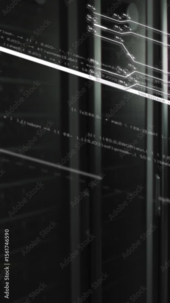 Poster animation of screens with programming language and numbers moving over data server racks