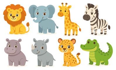 Naklejka premium Set of cartoon wild animals including lion, elephant, giraffe, zebra, hippopotamus, rhinoceros, leopard, and crocodile. Cute stylized vector illustration of jungle and savanna animals