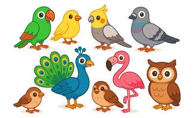 Naklejka premium Set of cartoon birds including parrot, canary, cockatiel, pigeon, peacock, flamingo, sparrow, and owl. Cute stylized vector illustration of various bird species