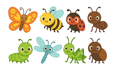Set of cartoon insects including butterfly, bee, ladybug, ant, caterpillar, dragonfly, grasshopper, and beetle. Cute stylized vector illustration of bugs