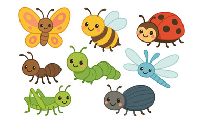 Naklejka premium Set of cartoon insects including butterfly, bee, ladybug, ant, caterpillar, dragonfly, grasshopper, and beetle. Cute stylized vector illustration of bugs