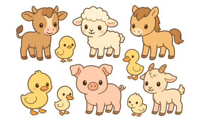 Set of cartoon baby farm animals including calf, lamb, chick, piglet, foal, duckling, and kid goat. Cute stylized vector illustration of young domestic animals