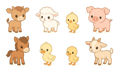 Set of cartoon baby farm animals including calf, lamb, chick, piglet, foal, duckling, and kid goat. Cute stylized vector illustration of young domestic animals