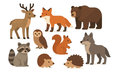 Set of cartoon forest animals including deer, fox, bear, owl, raccoon, squirrel, hedgehog, and wolf. Flat stylized vector illustration of woodland wildlife
