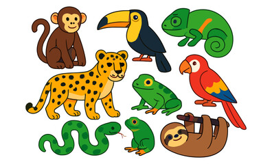 Naklejka premium Set of cartoon jungle animals including monkey, toucan, chameleon, cheetah, frog, parrot, sloth, and snake. Flat stylized vector illustration of tropical wildlife