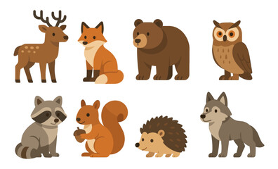 Set of cartoon forest animals including deer, fox, bear, owl, raccoon, squirrel, hedgehog, and wolf. Flat stylized vector illustration of woodland wildlife