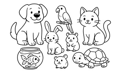Set of outlined cartoon pet animals including dog, cat, rabbit, hamster, parrot, goldfish in bowl, and turtle. Black and white vector line drawing