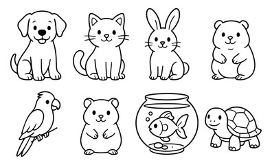 Set of outlined cartoon pet animals including dog, cat, rabbit, hamster, parrot, goldfish in bowl, and turtle. Black and white vector line drawing