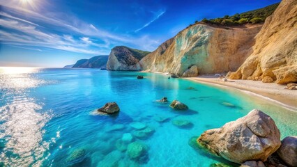 Obraz premium Boulders and turquoise waters at Porto Katsiki beach in Greece, natural, blue, natural, blue, cove, water