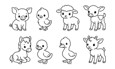 Fototapeta premium Set of outlined cartoon farm baby animals including piglet, chick, lamb, calf, foal, duckling, and goat kid. Black and white vector line drawing